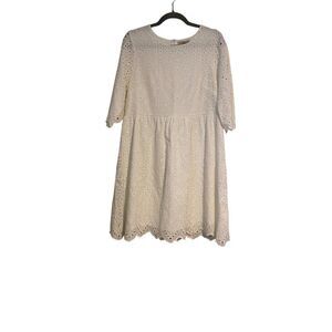 Le Ragazze White Eyelet Lace Dress L Made In Italy 3/4 Sleeves Scalloped Hem